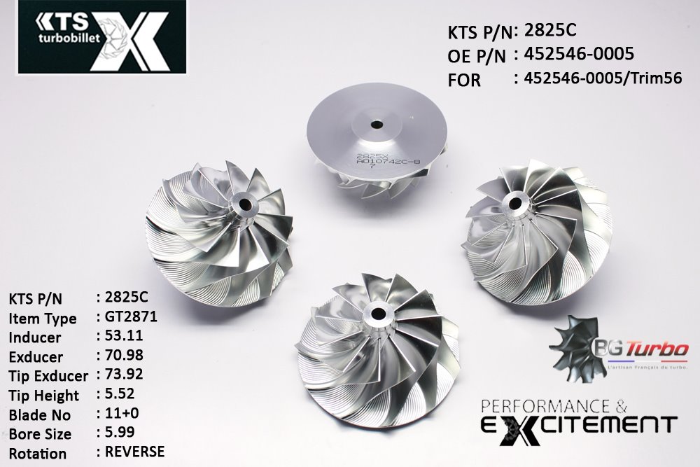 Turbo ROUE FORGÉE MFS PERFORMANCE - 11+0 PALES - INDUCER : 53,11 - EXDUCER : 70,98 - TYPE : GT2871ANGLE : 60° - ROTATION : Reverse - SUPER BACK : 2,32 - BORE SIZE : 5,99
